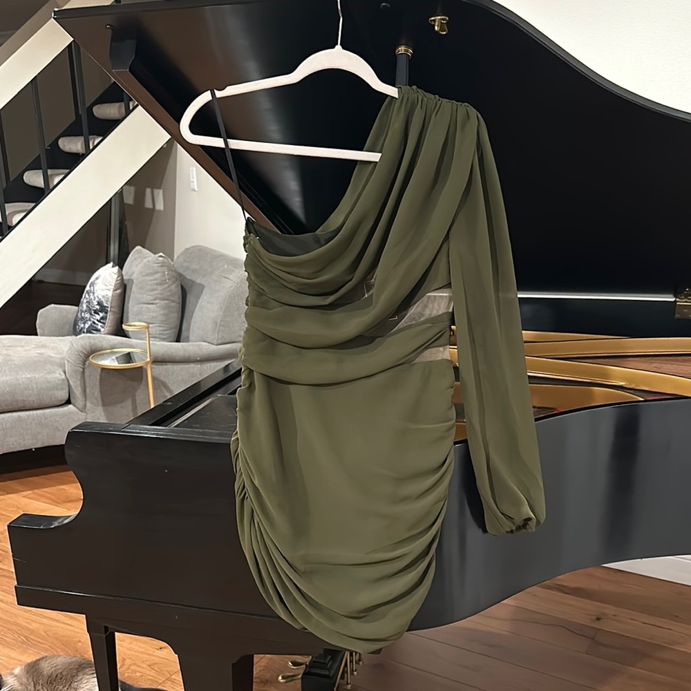 Michael Costello Olive Green One-Shoulder Dress